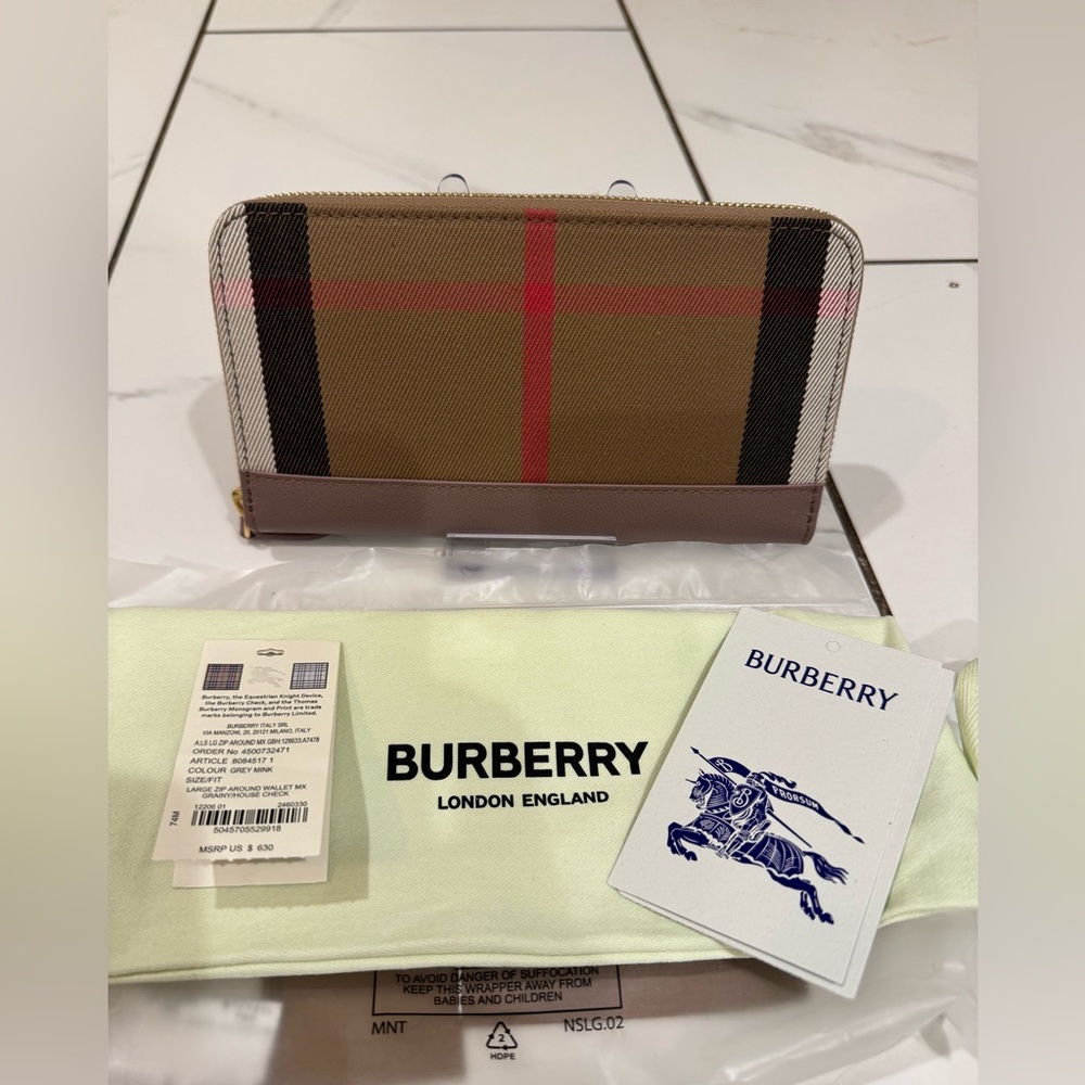 Burberry Beige and Pink Checkered Zippy Long Wallet-NWT